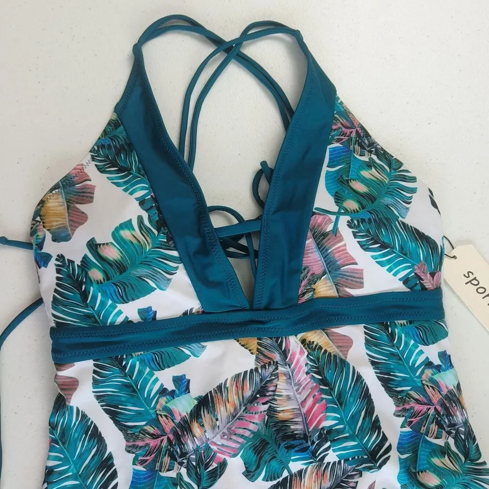 Sporlike‎ one piece swimsuit with V-neck cross back blue color palm designs sz M